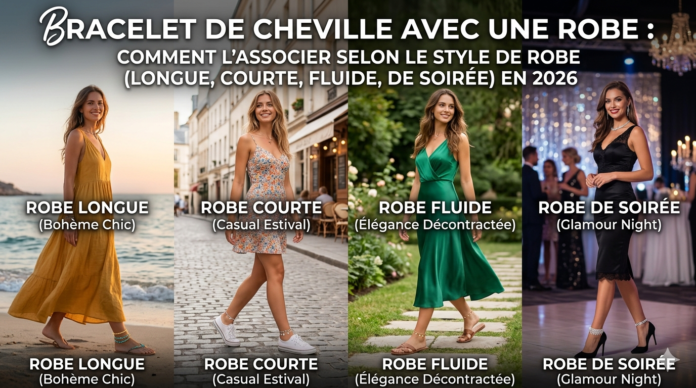 Bracelet de cheville avec une robe : comment l'associer selon le style de robe (longue, courte, fluide, de soirée) en 2026