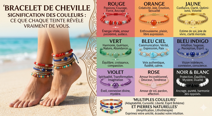 Bracelet de cheville signification des couleurs : ce que chaque teinte révèle vraiment de vous
