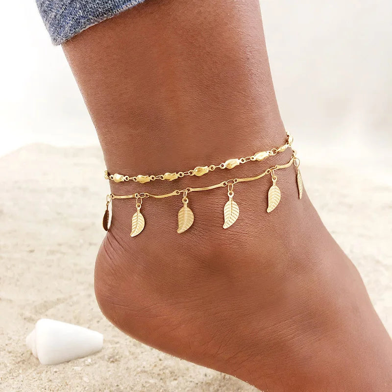Bracelet Chaîne de Cheville Multi-Rangs Plume