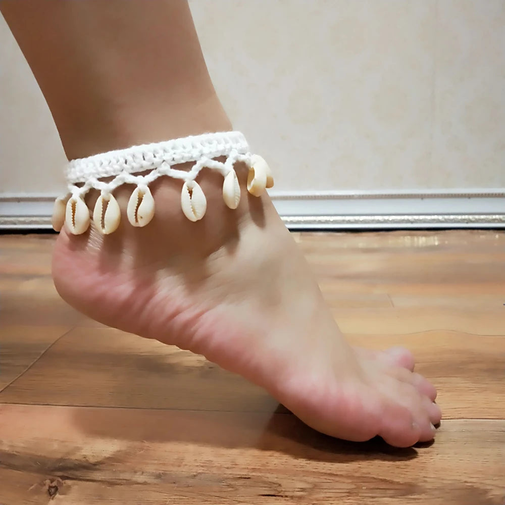 Bracelet de Cheville Tissé avec Coquillages
