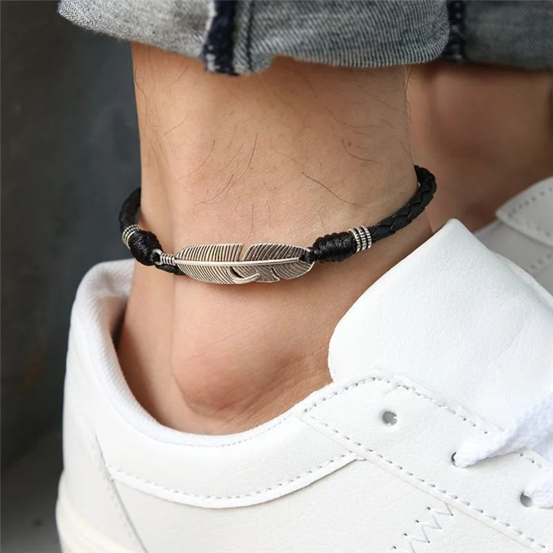 Bracelet de Cheville pour Homme Tissé avec une Plume