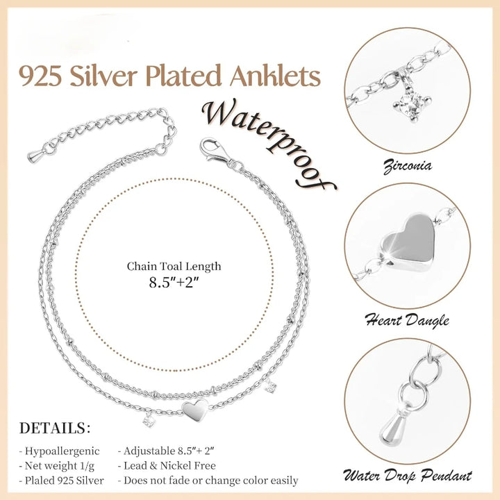 Chaîne de Cheville Cœur Zircon – Plaqué Argent Brillant