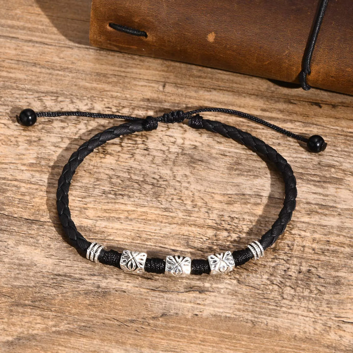 Bracelet de Cheville Homme en Perles Noires avec Détails Argentés