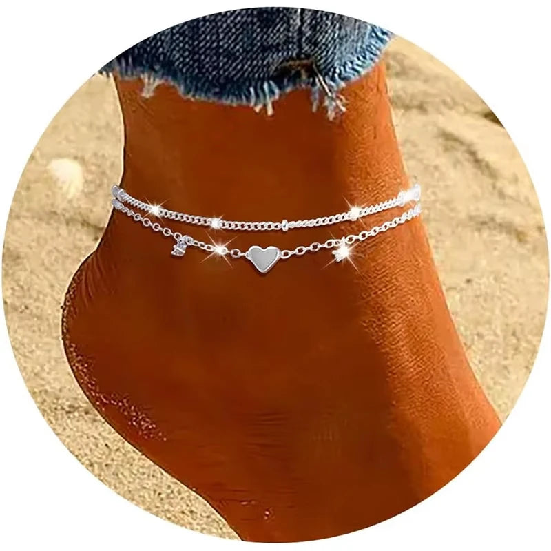 Chaîne de Cheville Cœur Zircon – Plaqué Argent Brillant