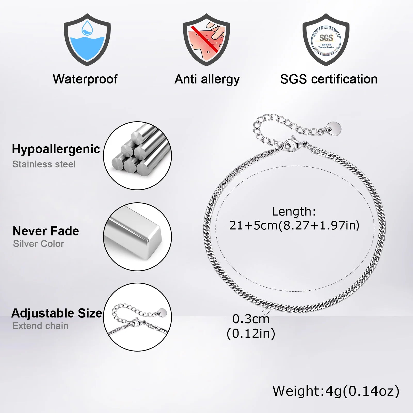 Men's Waterproof Stainless Steel Ankle Bracelet
