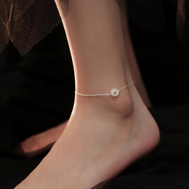 Women's Sterling Silver 925 Double Fine Chain Anklet with Sparkling Rhinestones