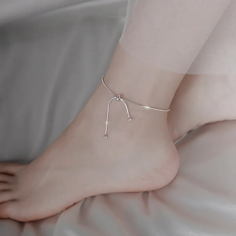 Women's Sterling Silver 925 Double Fine Chain Anklet with Sparkling Rhinestones