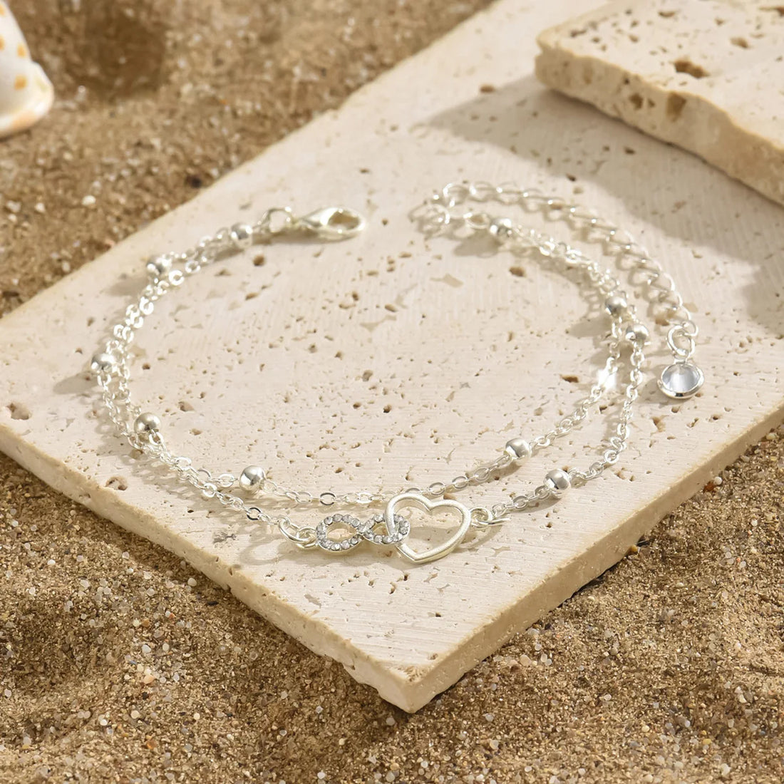Bracelet de Cheville Cœur Double Rang Argent 925