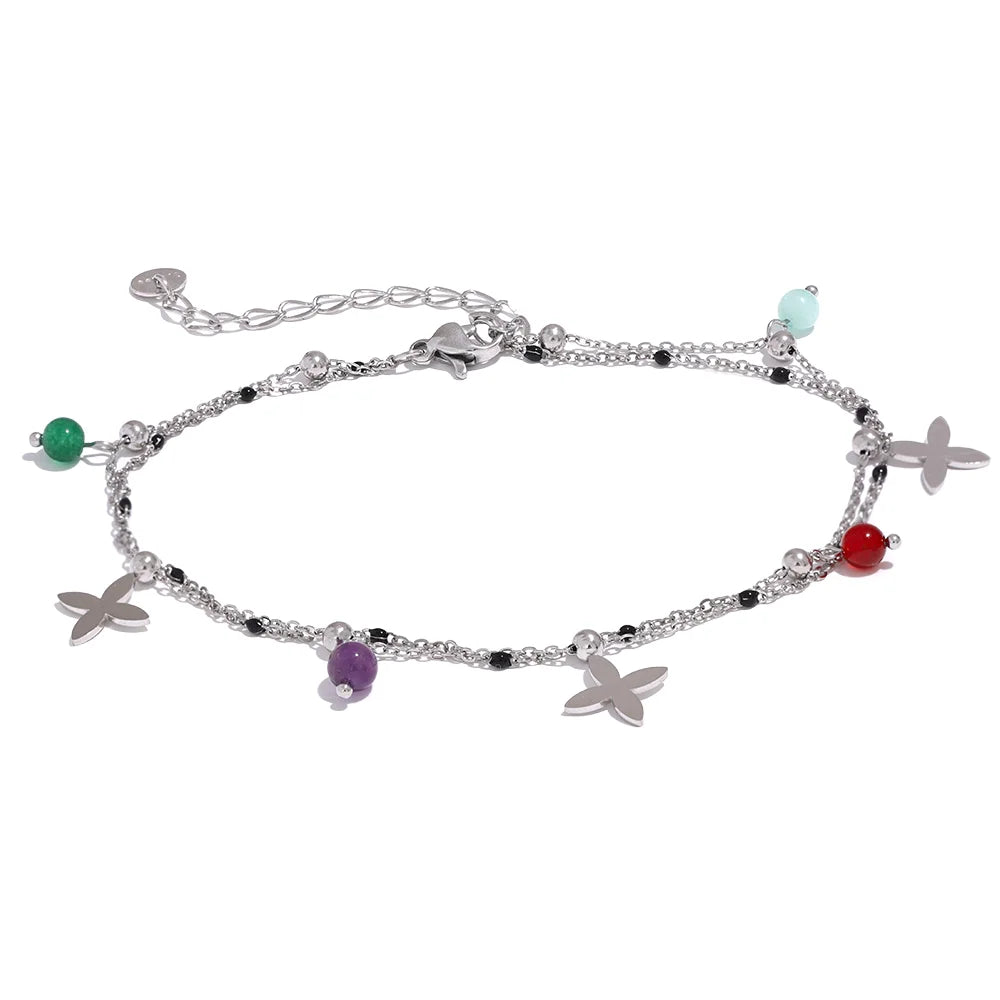 Bracelet de Cheville Argent Multi-Rangs Lys & Perles Colorées – Chaîne Double Raffinée