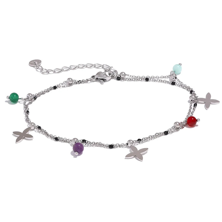 Bracelet de Cheville Argent Multi-Rangs Lys & Perles Colorées – Chaîne Double Raffinée