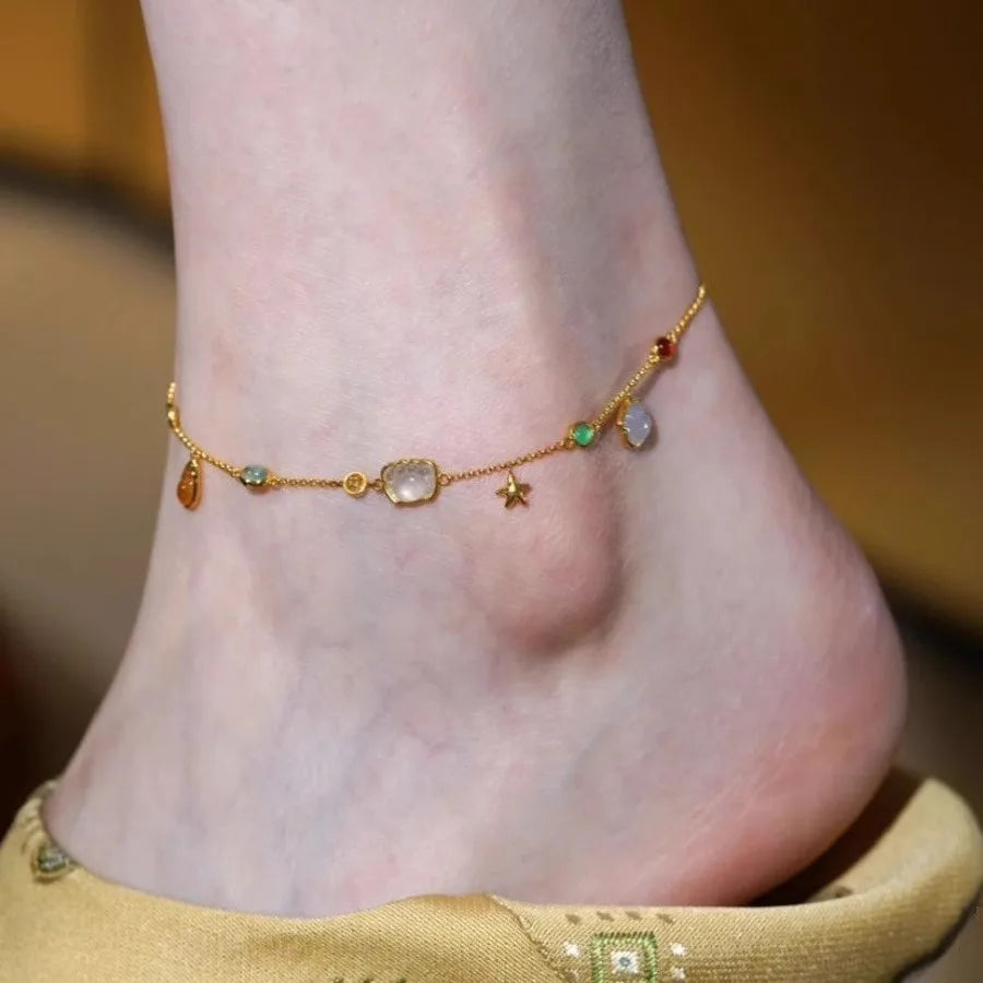 Women's Sterling Silver 925 Double Fine Chain Anklet with Sparkling Rhinestones
