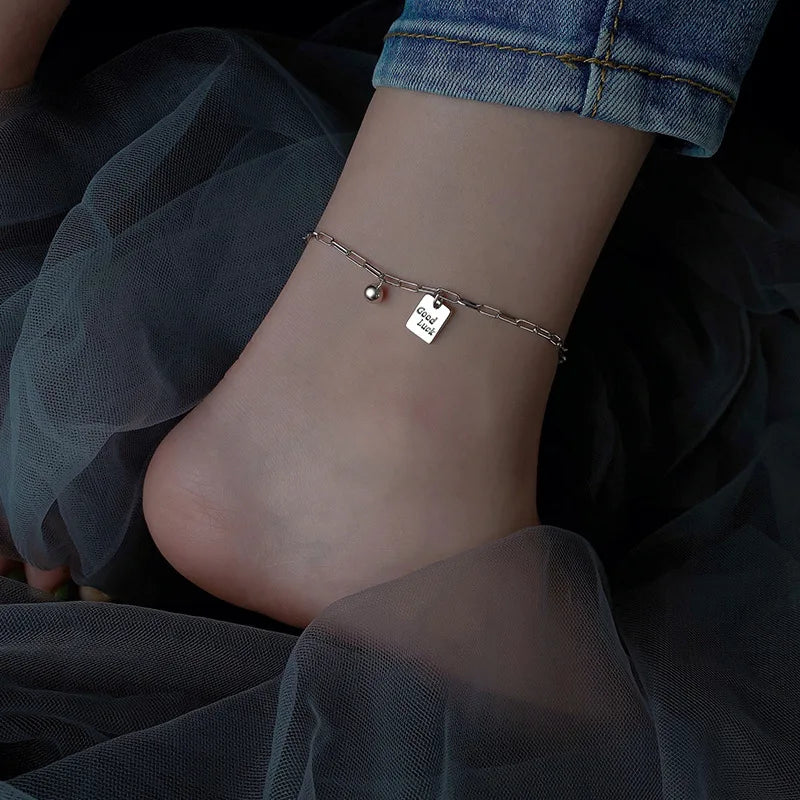 Women's Sterling Silver 925 Double Fine Chain Anklet with Sparkling Rhinestones