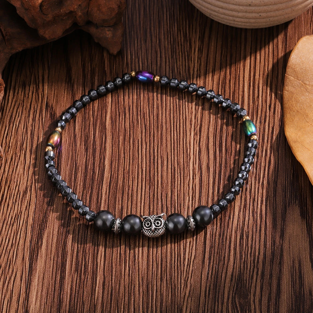 Bracelet de Cheville en Perles Noires avec Hibou