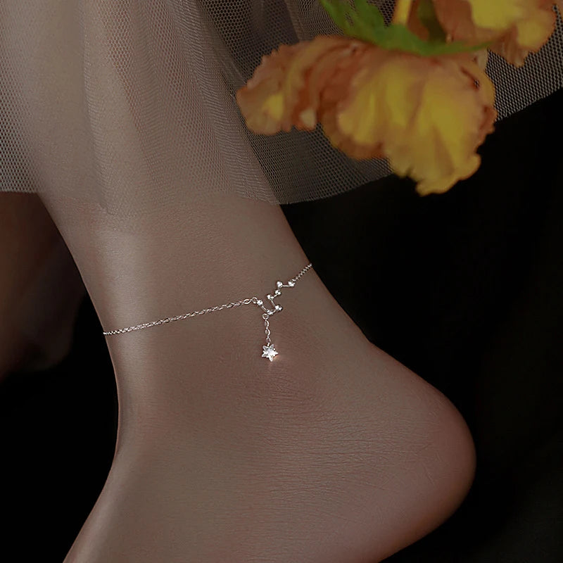 Women's Sterling Silver 925 Double Fine Chain Anklet with Sparkling Rhinestones