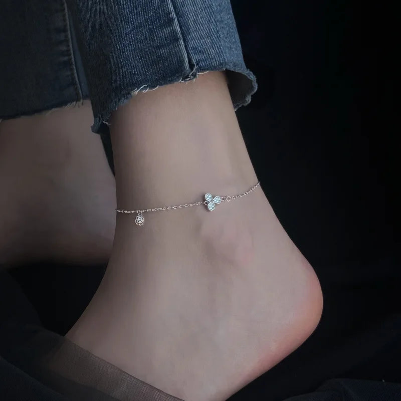 Women's Sterling Silver 925 Double Fine Chain Anklet with Sparkling Rhinestones