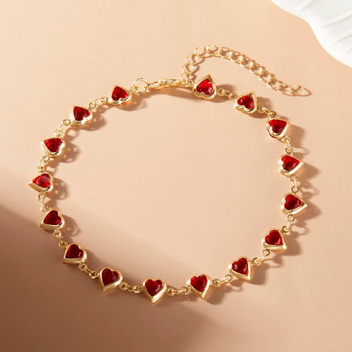 Bracelet de Cheville Doré avec Cœurs émaillés rouges