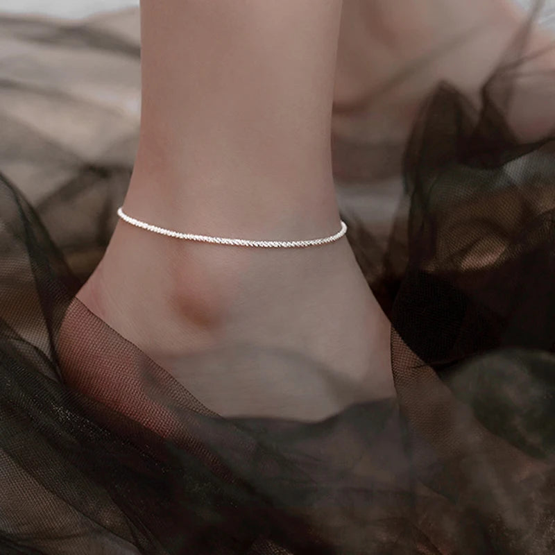 Women's Sterling Silver 925 Double Fine Chain Anklet with Sparkling Rhinestones