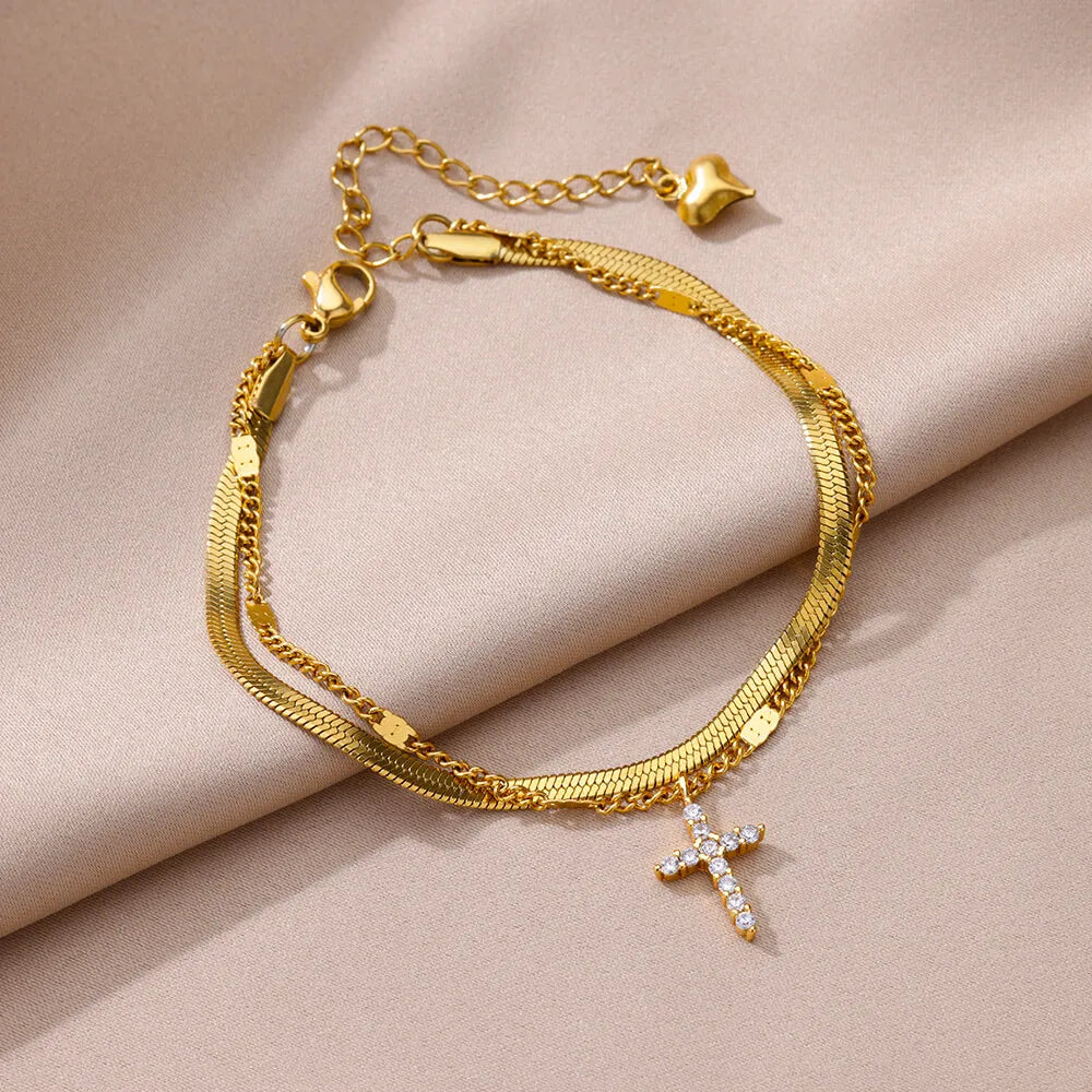 Chaîne de Cheville Dorée avec Croix et Pierres Zirconium