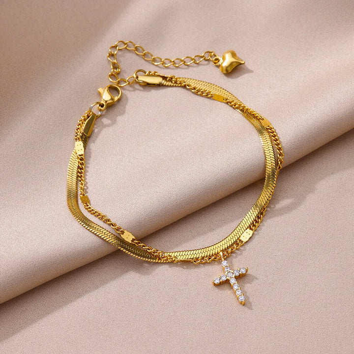 Chaîne de Cheville Dorée avec Croix et Pierres Zirconium