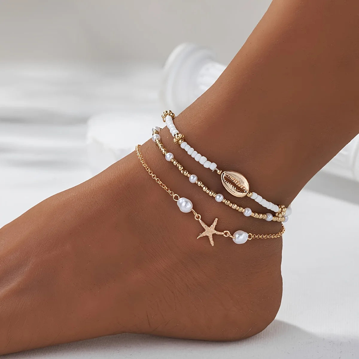 Bracelet de Cheville Bohème Plage en Perles Multi-Rangs