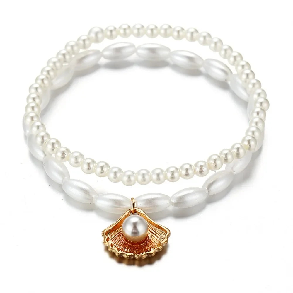 Bracelet de Cheville en Perles Blanches avec Coquillage