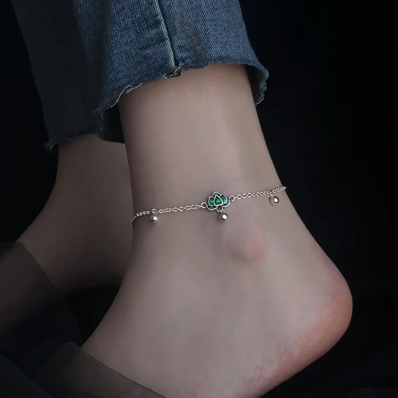 Women's Sterling Silver 925 Double Fine Chain Anklet with Sparkling Rhinestones