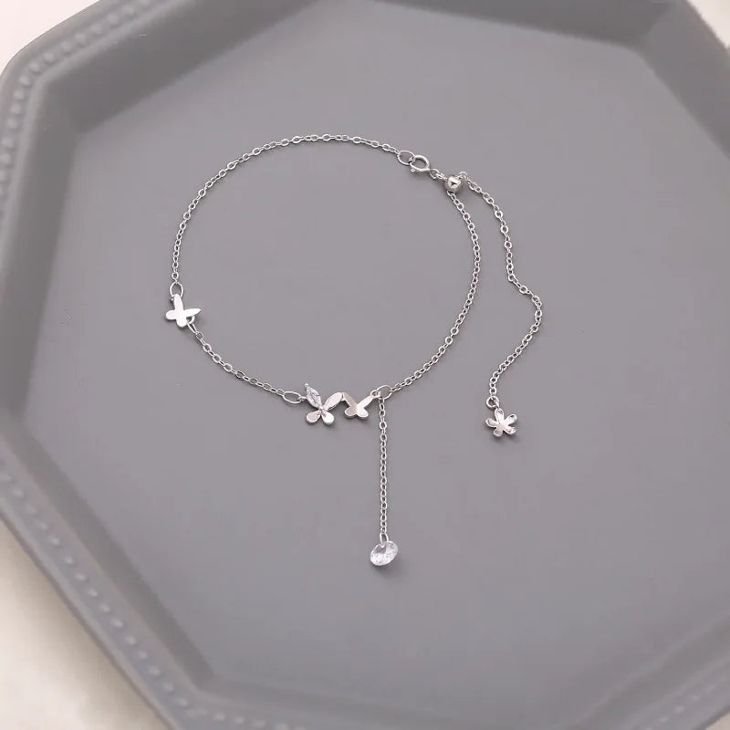 Women's Sterling Silver 925 Double Fine Chain Anklet with Sparkling Rhinestones
