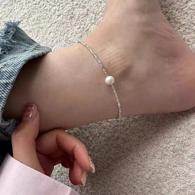 Bracelet de Cheville Minimaliste en Acier avec Pendentif Perle
