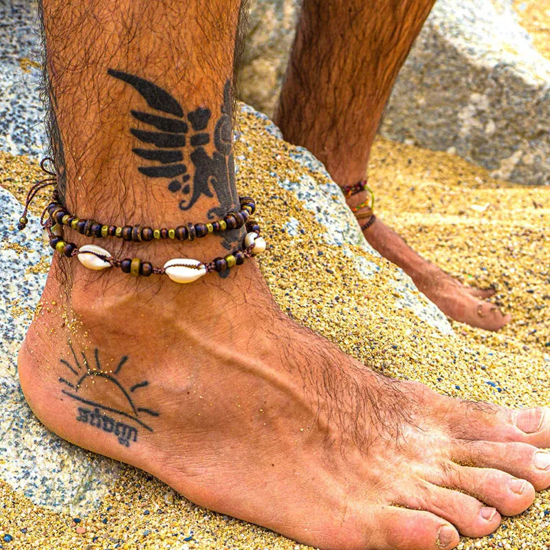 Bracelet de Cheville pour Homme Multi-Rangs Perles et Coquillages