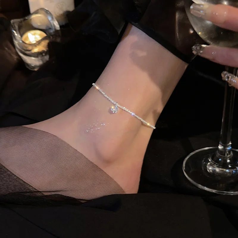 Women's Sterling Silver 925 Double Fine Chain Anklet with Sparkling Rhinestones
