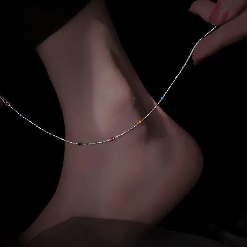 Women's Sterling Silver 925 Double Fine Chain Anklet with Sparkling Rhinestones