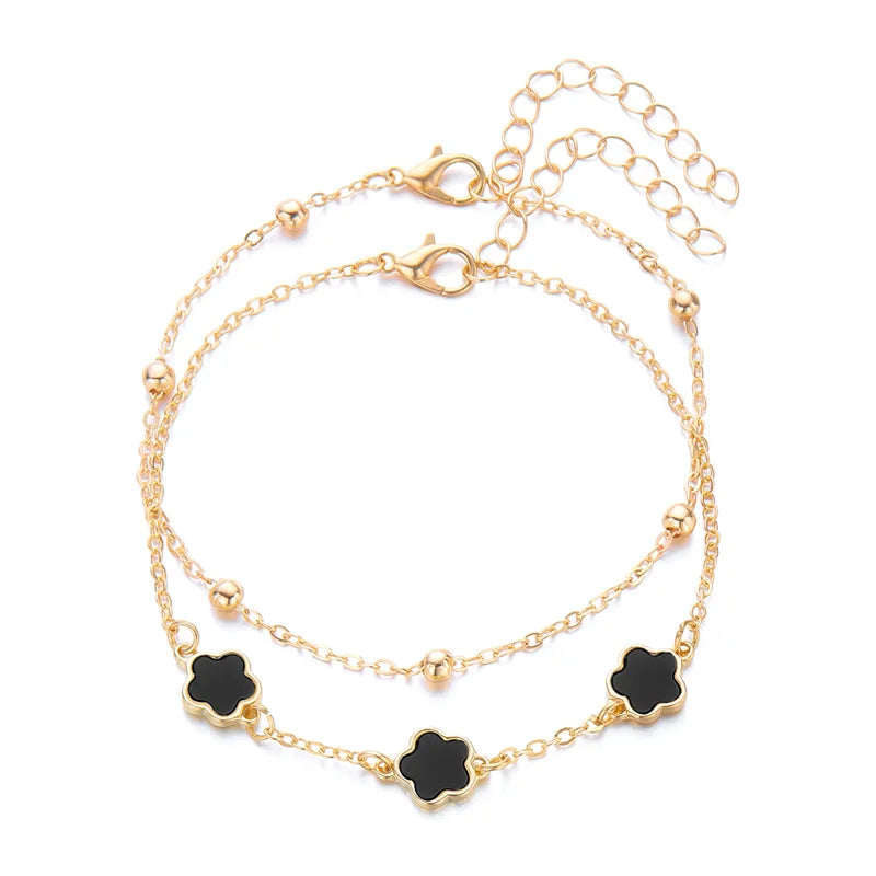 Gold-Plated Ankle Bracelet with Black Heart Charms