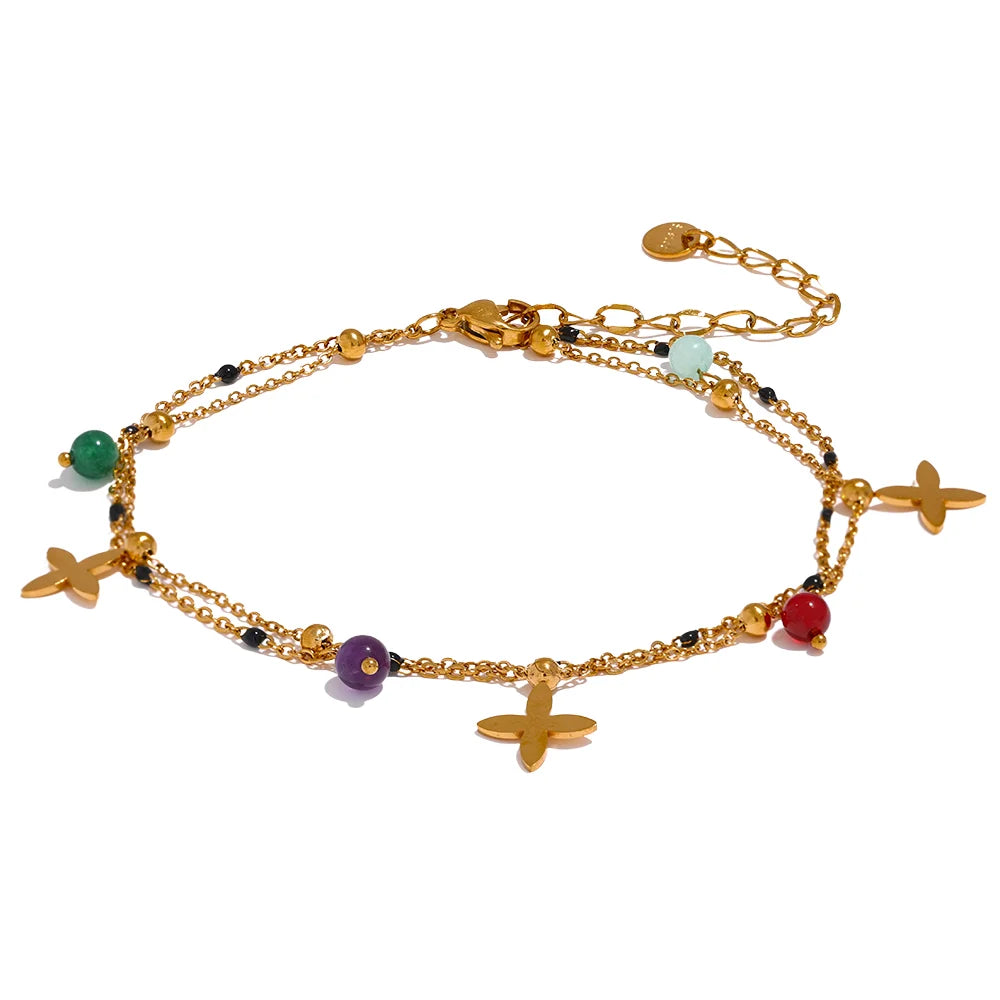 Bracelet de Cheville Doré Multi-Rangs Lys & Perles Colorées – Chaîne Double Élégante