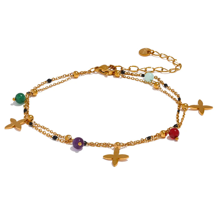 Bracelet de Cheville Doré Multi-Rangs Lys & Perles Colorées – Chaîne Double Élégante