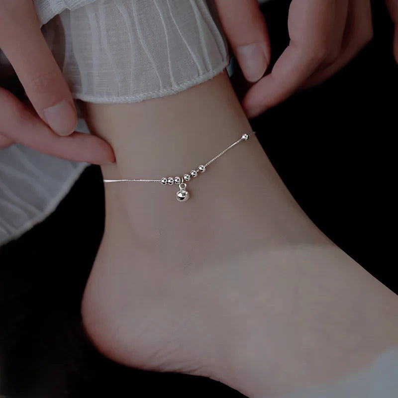 Women's Sterling Silver 925 Double Fine Chain Anklet with Sparkling Rhinestones