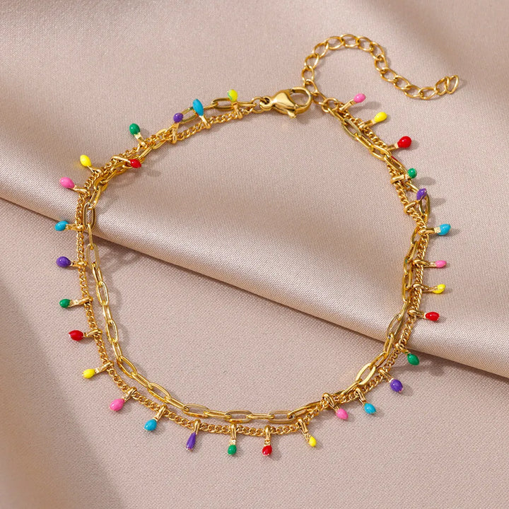 Chaîne de Cheville Dorée Multi-rangs Colorée