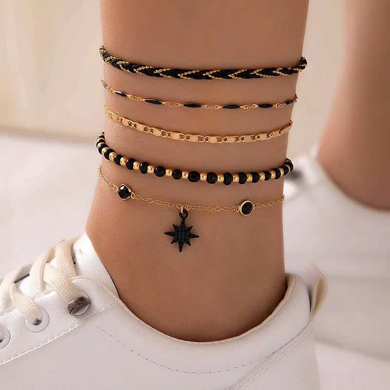 Chaîne de Cheville Multi-rangs Dorée et Noire