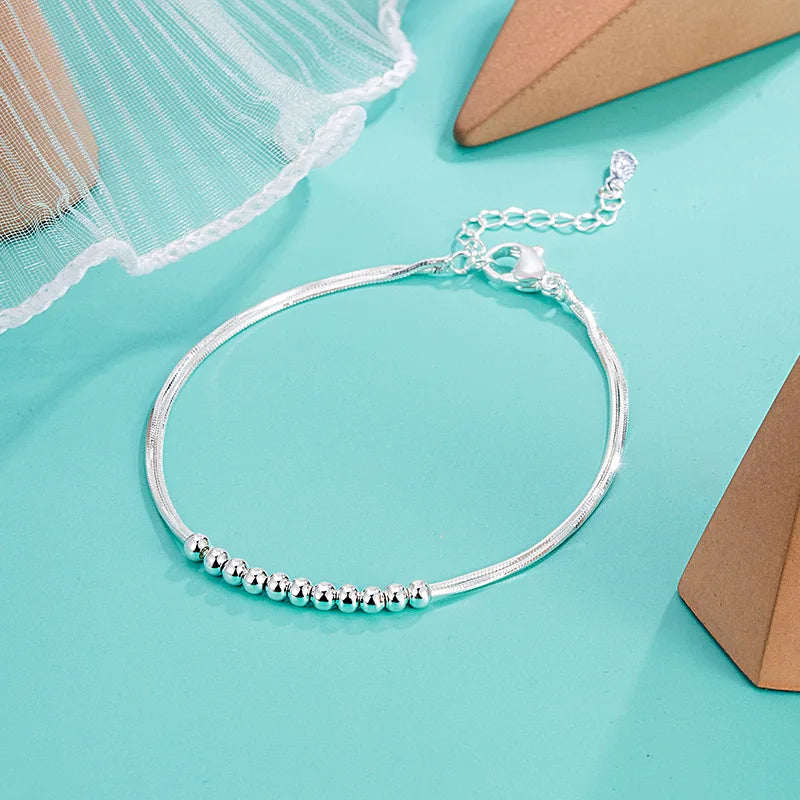 Women's Sterling Silver 925 Double Fine Chain Anklet with Sparkling Rhinestones