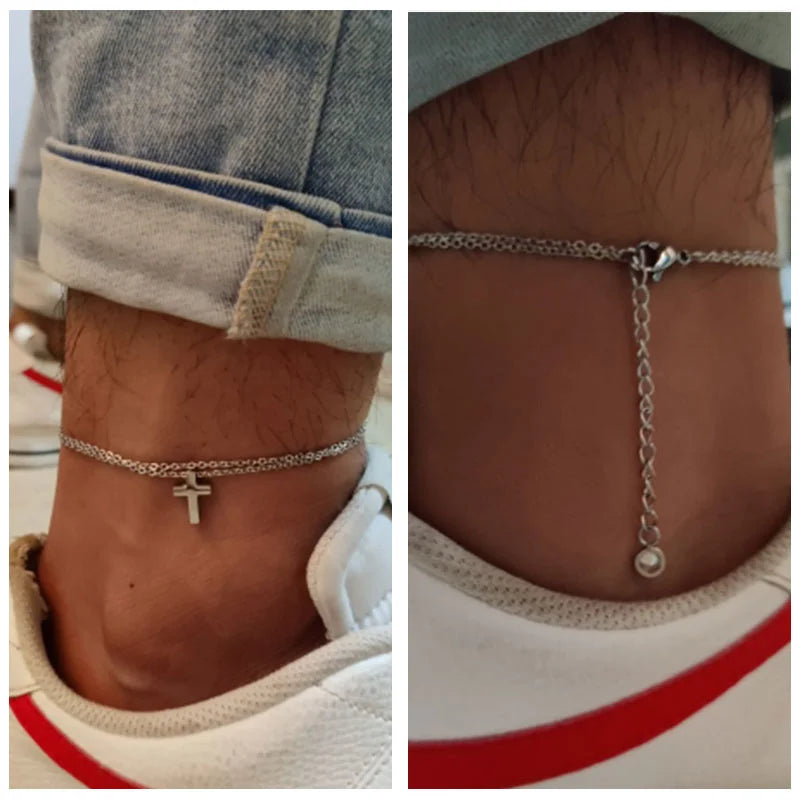 Bracelet de Cheville Homme Acier avec Croix