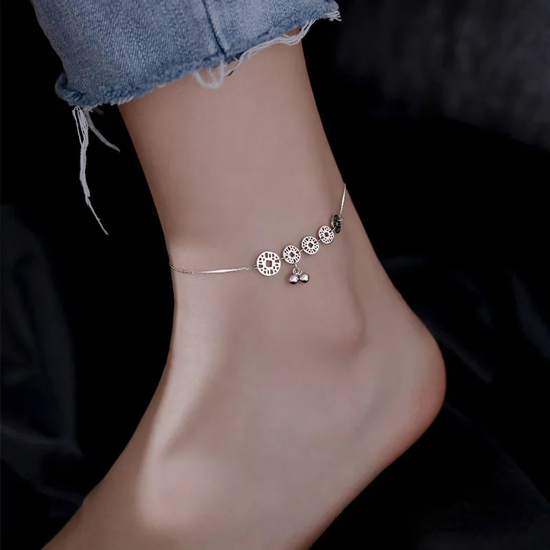 Women's Sterling Silver 925 Double Fine Chain Anklet with Sparkling Rhinestones