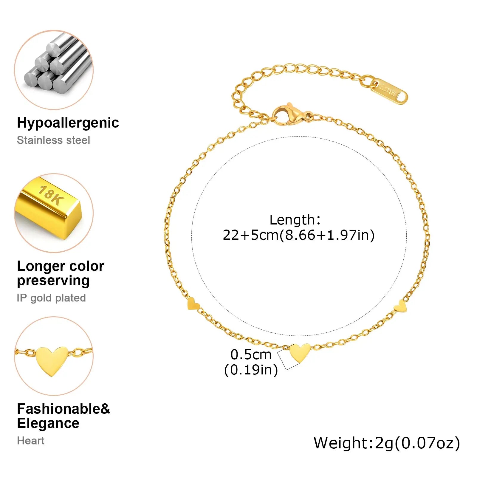 Bracelet de Cheville Acier Doré – Chaîne Fine 3 Cœurs