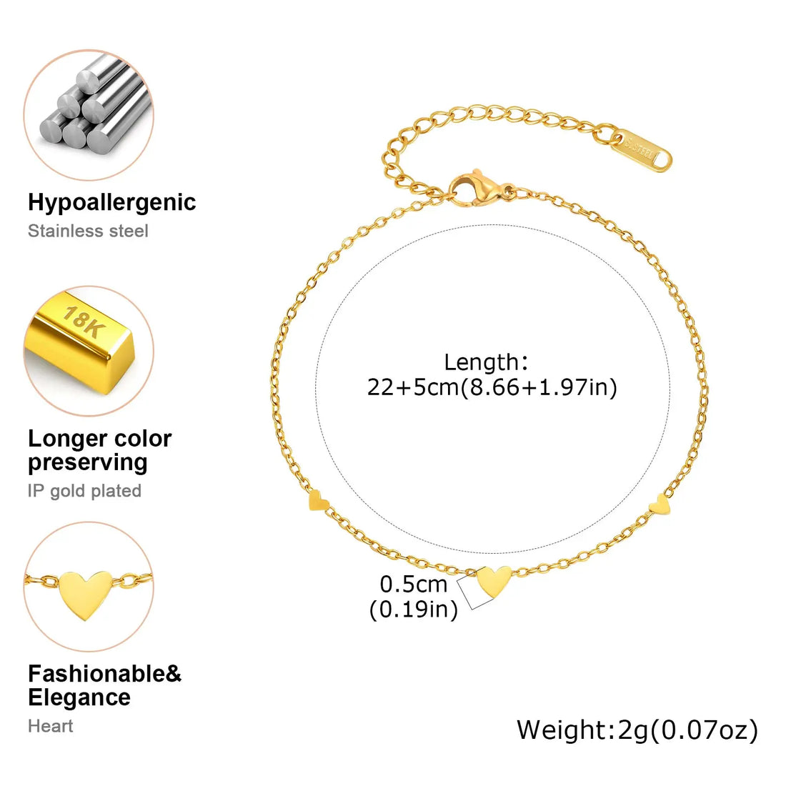 Bracelet de Cheville Acier Doré – Chaîne Fine 3 Cœurs