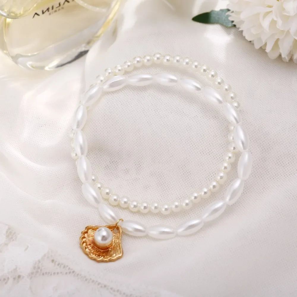 Bracelet de Cheville en Perles Blanches avec Coquillage