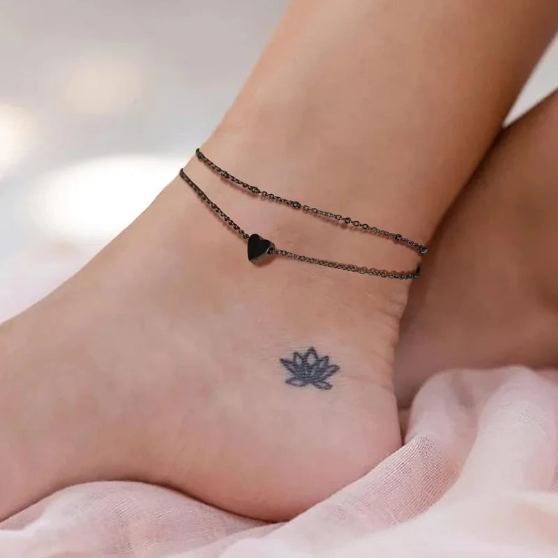 Chaîne de Cheville Noire En Acier avec Pendentif Coeur