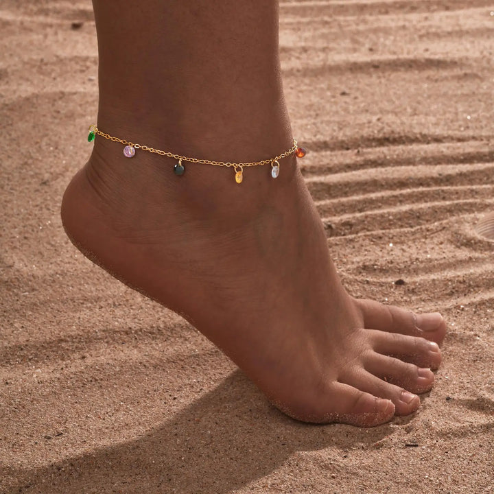 Bracelet de Cheville Doré Ornée de Pierres Multicolores