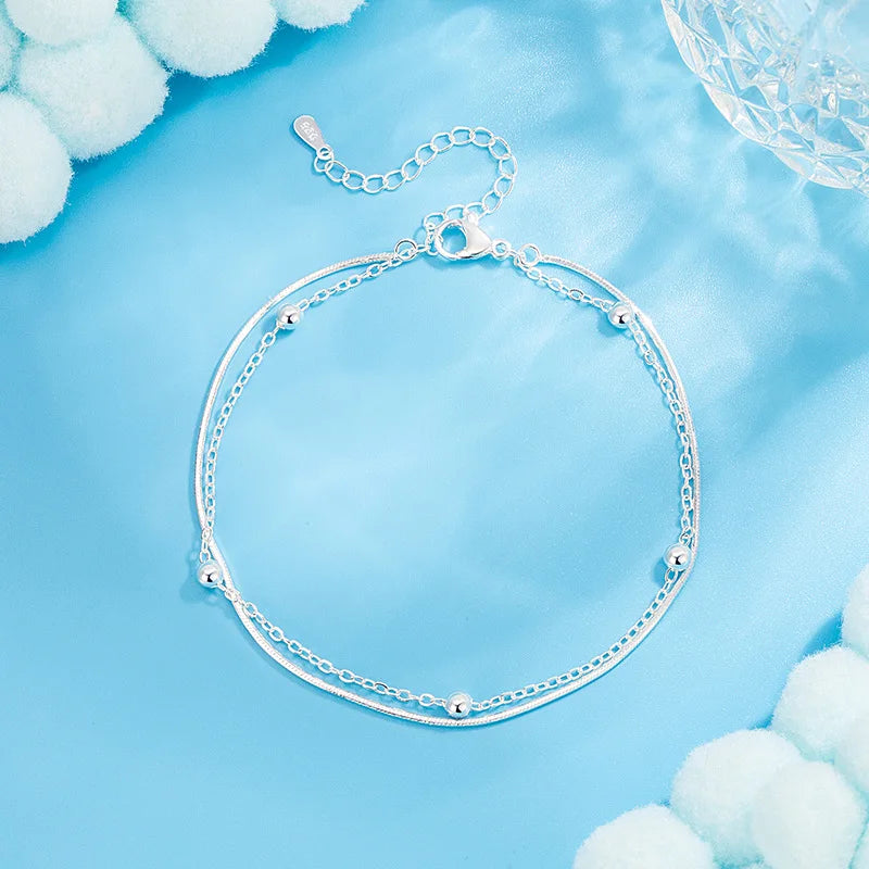 Women's Sterling Silver 925 Double Fine Chain Anklet with Sparkling Rhinestones