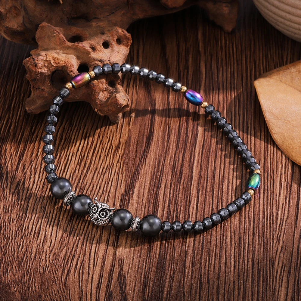 Bracelet de Cheville en Perles Noires avec Hibou
