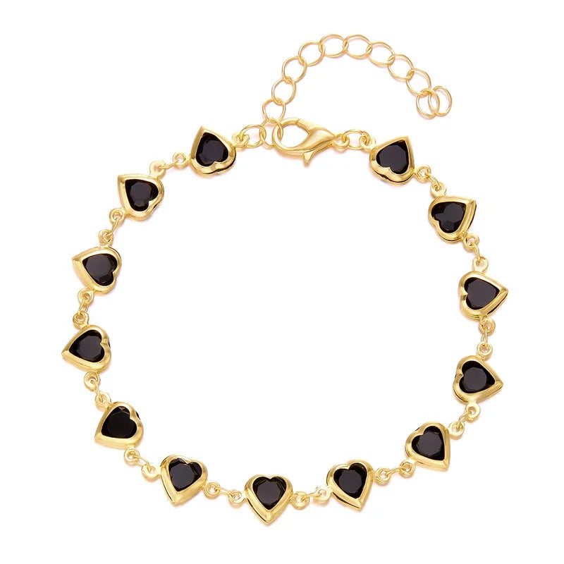 Gold-Plated Ankle Bracelet with Black Heart Charms