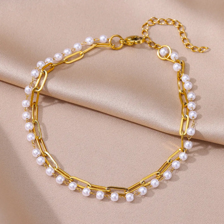 Chaîne de Cheville Dorée en Maille et Perle