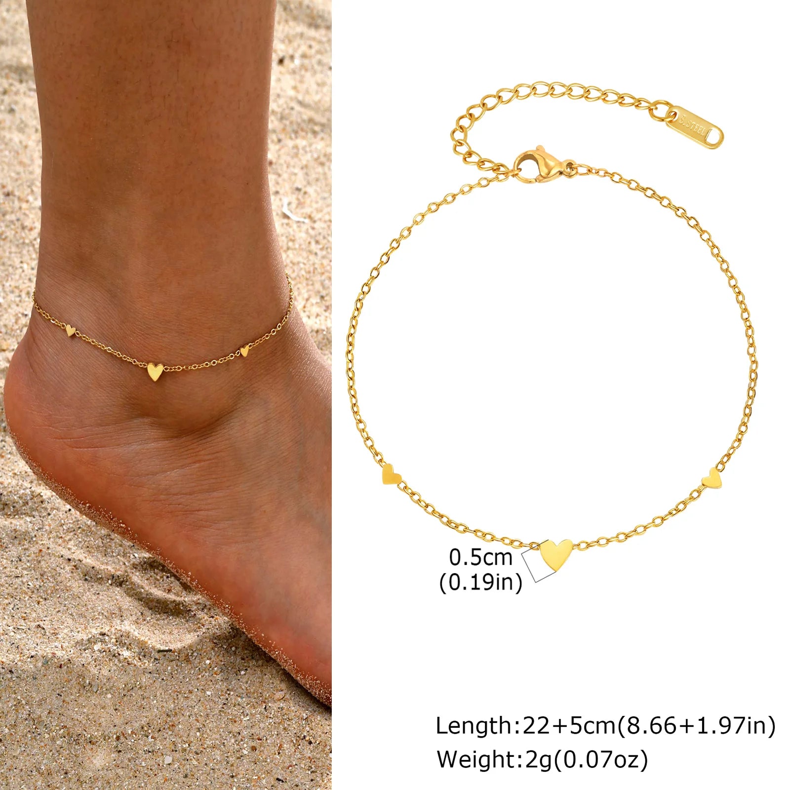 Bracelet de Cheville Acier Doré – Chaîne Fine 3 Cœurs